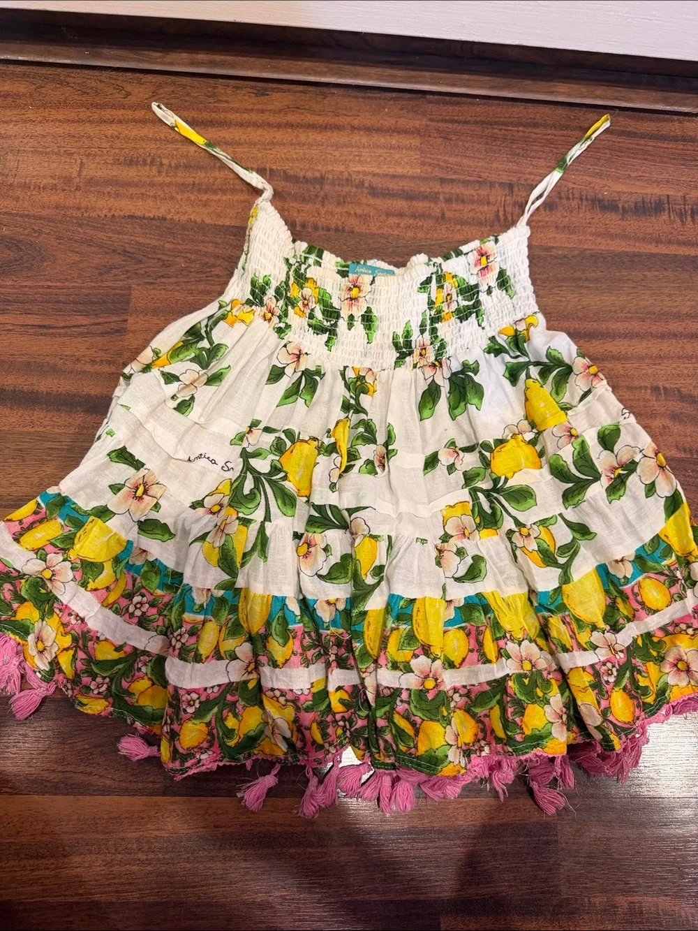 NWT from Positano, Italy Lemon-Print Ruffle Tank Top Pink Tassels w matching Top